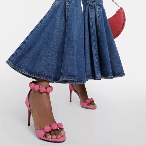 Alaia Bombe 90 Ankle-Strap Studded Suede Leather Sandals size 38.5 - Picture 2 of 16